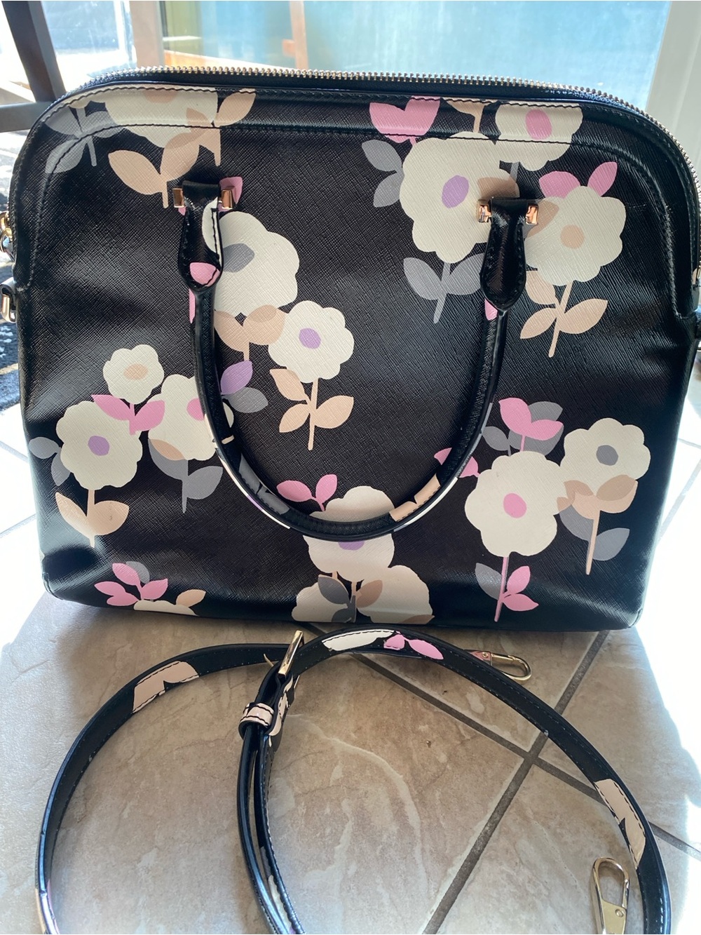 kate spade Black Floral Dome Satchel with Pink & Cream Blooms - Picture 4 of 9